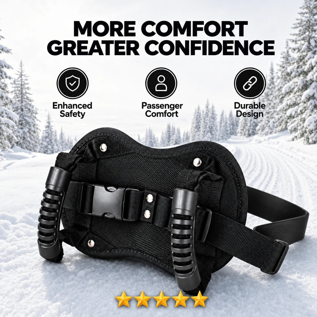 SledGrip safety belt worn by a snowmobile driver on a snowy trail.